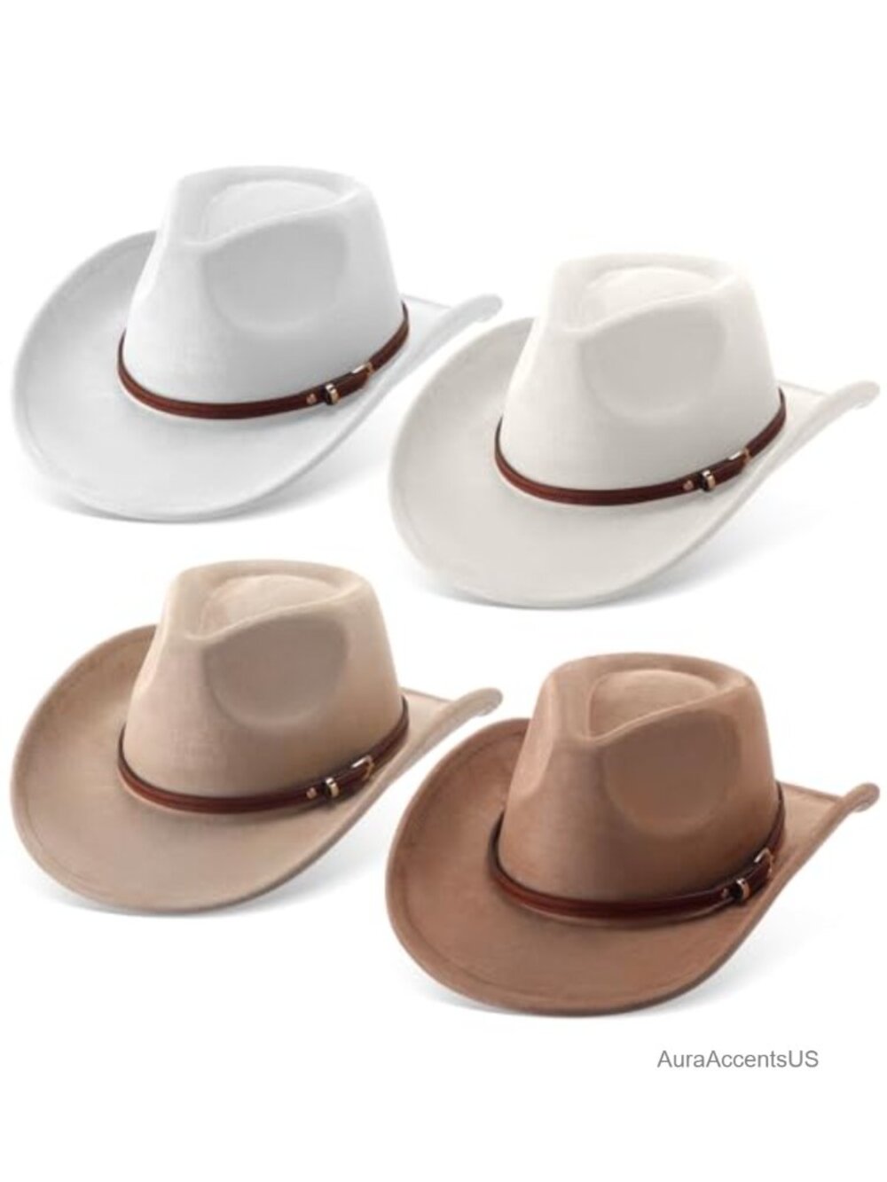 Felt Cowboy Hats 4 Pc Wide Brim Western Unisex with Belt Buckle